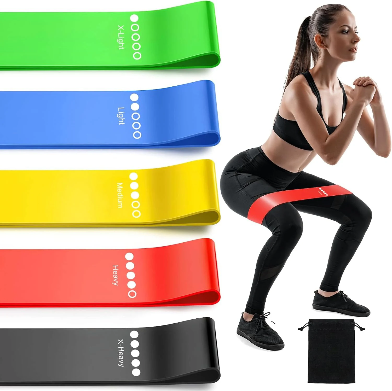 Resistance band set, 5 colors and strenght levels - with lady exercising squat wth a red band