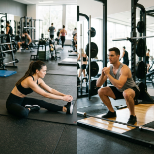 Woman stretching on mat and man squatting with barbell in gym ( mobility vs stretching )