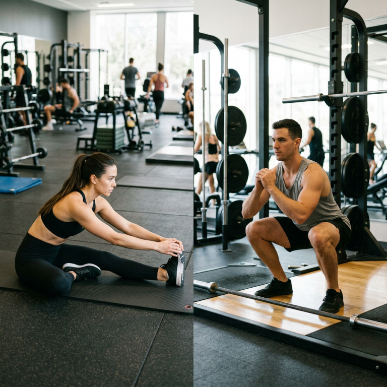 Woman stretching on mat and man squatting with barbell in gym ( mobility vs stretching )