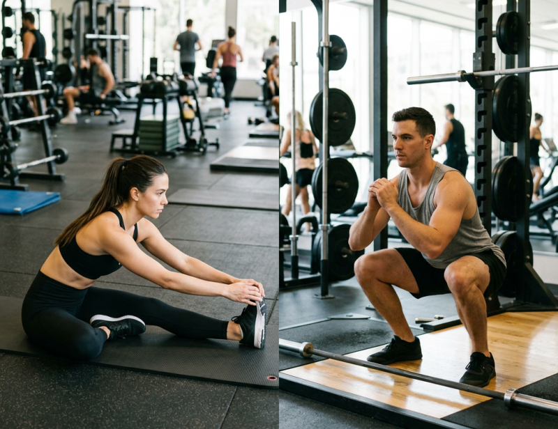 elemento 6a301a50c5c72 Coach Dashboard Woman stretching on mat and man squatting with barbell in gym ( mobility vs stretching )