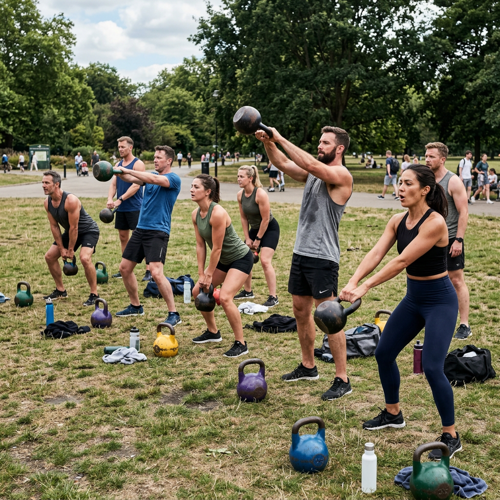 Adults performing kettlebell swings together in an outdoor park workout class