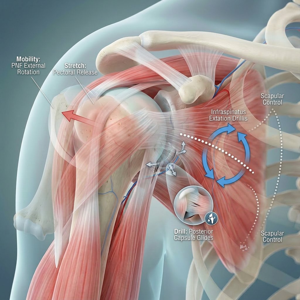 Human shoulder bones, red muscles, and white tendons connecting bones ( mobility vs stretching )