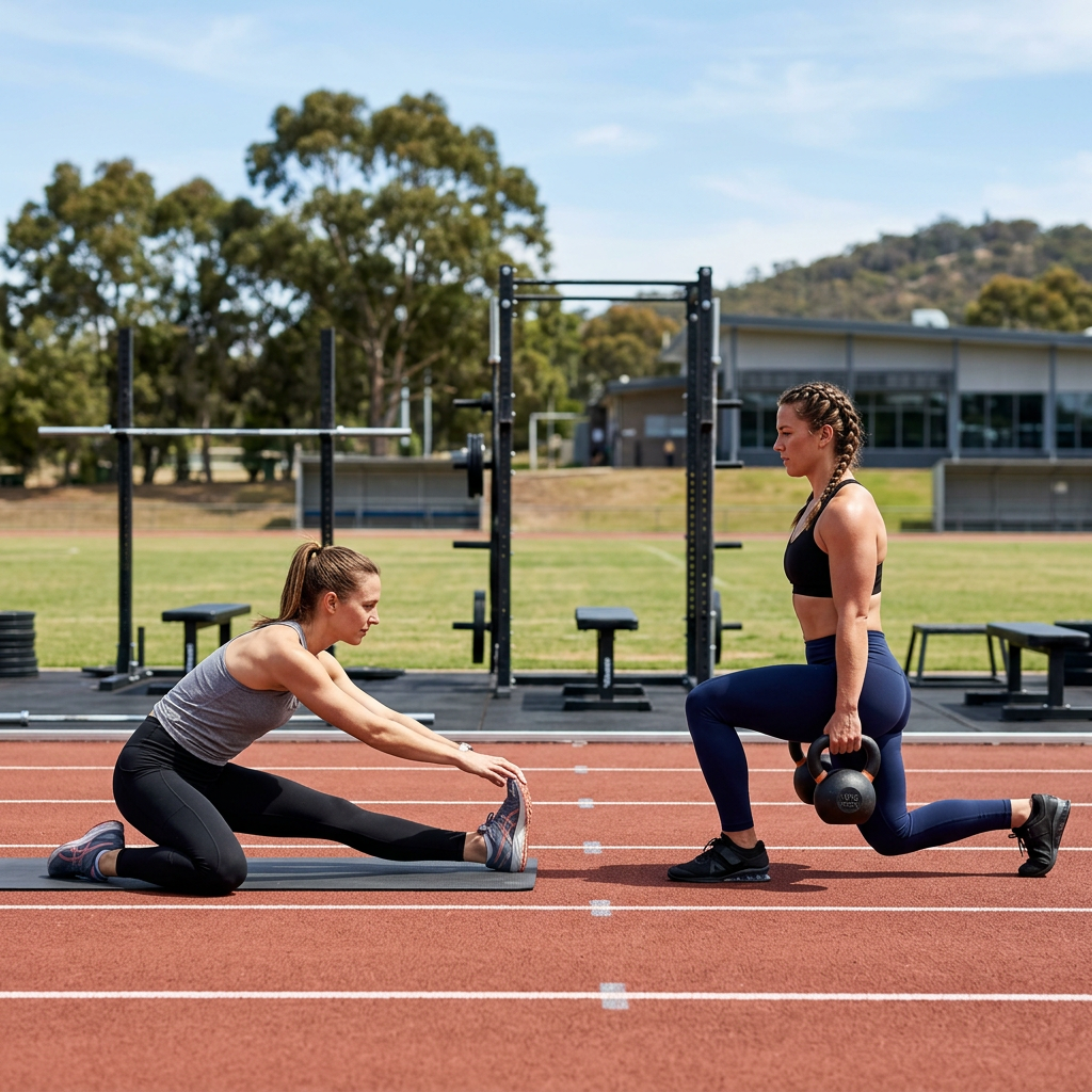 Two women exercising on outdoor track; one stretching, one doing kettlebell lunges ( mobility vs stretching )