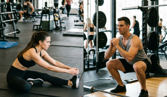 Woman stretching on mat and man squatting with barbell in gym ( mobility vs stretching )